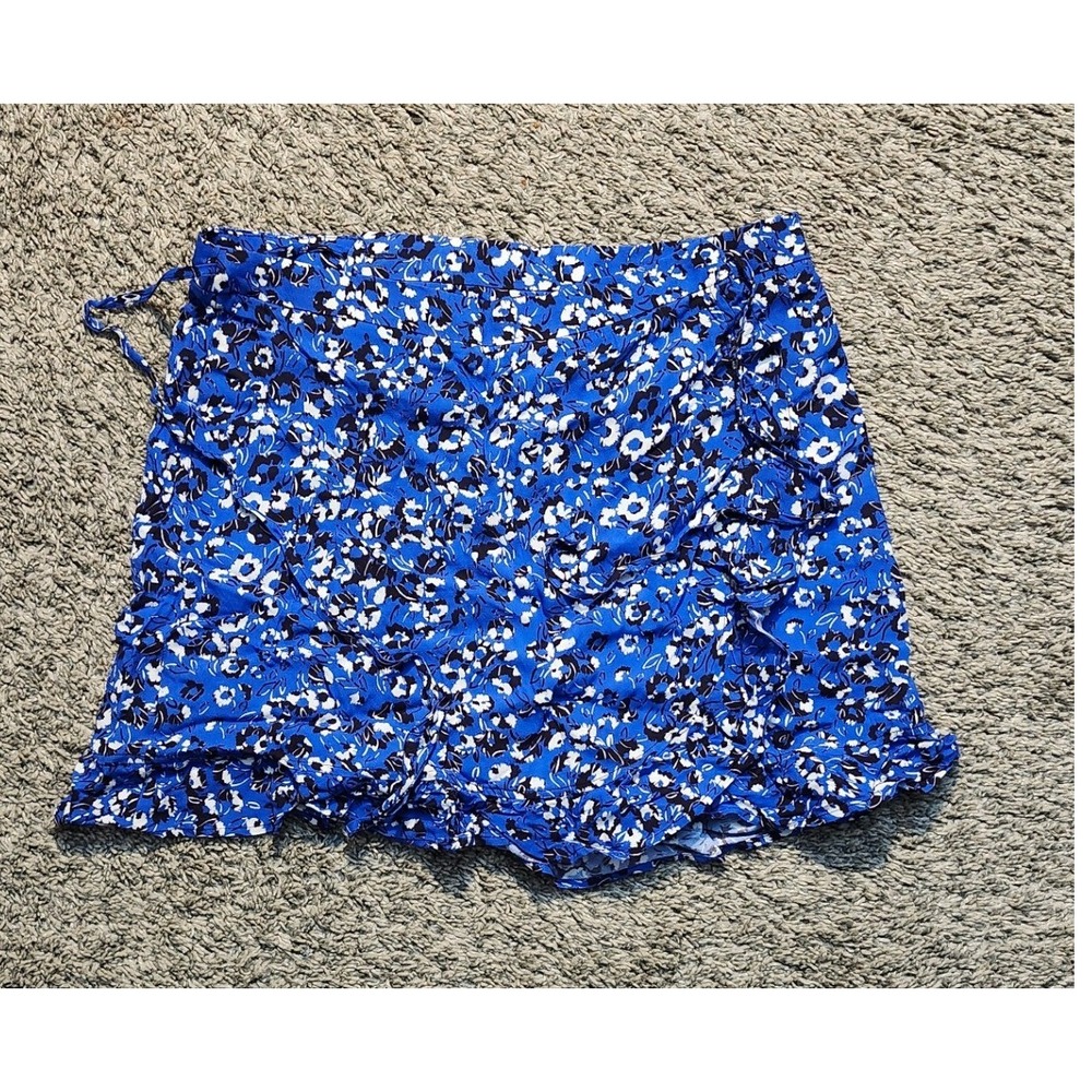 Zara‎ Womens Floral Wrap Skort Royal Blue Ruffle Hem Mini Shorts Size S